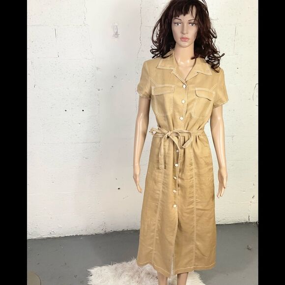 Cali Cali Tan Linen Vintage Button Front Belted Midi Safari Shirt Dress 8 - Picture 4 of 10